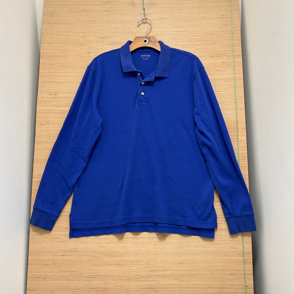 Lands End Mens Long Sleeve Polo Shirt Royal Blue Cotton Blend Size M 7724